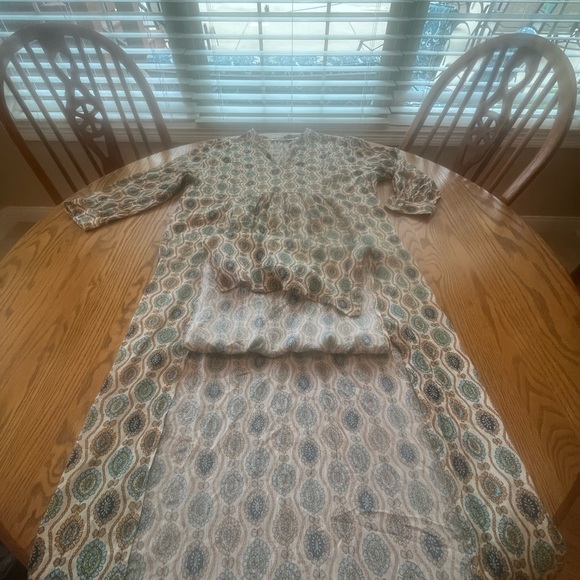 Rue de Femme Caftan Long Maxi Dress Double Front Slit Sand L V-Neck Pockets - Picture 14 of 16